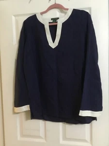 Lauren Ralph Lauren 100 % Leinen marineblau & weiß Trim Kerbe V-Ausschnitt Top Damen L - Bild 1 von 6