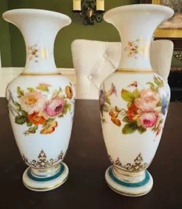 Antique Baccarat French Opaline Glass Vase 9" 19th Century Hand Painted Pair Lot - Picture 1 of 17