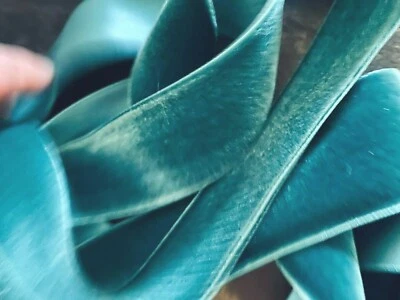 Vintage Rayon Satin Back Velvet Ribbon 1.5" Teal Woven Edge 1yd France - Image 1 of 3