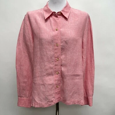 Top informal de esquina para mujer talla X-grande rosa 100 % lino manga larga cuello   Foto 1 de 4