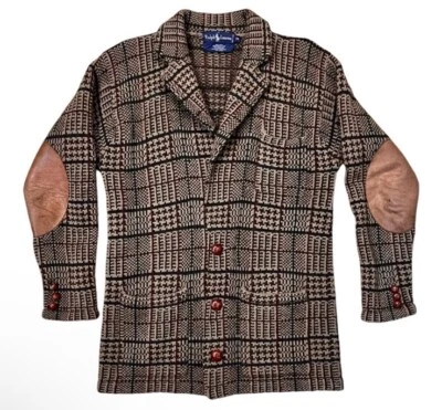 Ralph Lauren Medium Blazer Jacket RRL Glen Plaid Houndstooth VTG Coat Leather 40 - Image 1 of 4