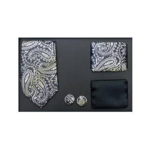Nuevo Formal Hombres Corbata Delgada 2 Pañuelos Gemelos Conjunto de Regalo Negro Gris Paisley - Imagen 1 de 3