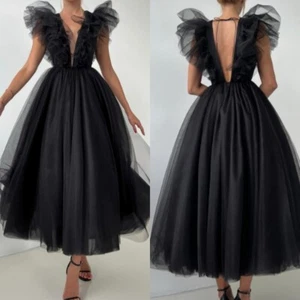 Black Wedding Dresses Deep V Neck Tulle Gothic Backless Summer Bridal Gowns - Picture 1 of 14