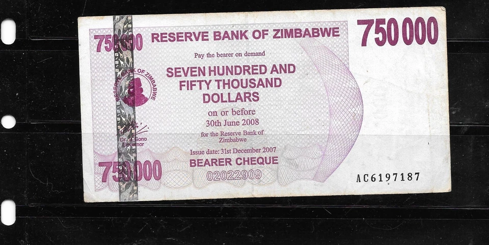 BILLETE DE ZIMBABWE #52 2008 750000 DÓLARES EN MUY BUEN ESTADO CIRCULADO PAPEL MONEDA Foto 1 de 1