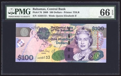 巴哈马 100 美元 2009 P76a PMG 宝石未流通 66 EPQ — 第 1/2 张图片