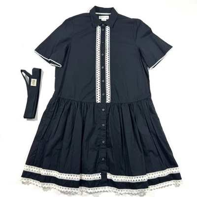 Vestido Kate Spade Broome Street algodão cintura caída inserção de renda preto tamanho médio - Imagem 1 de 4