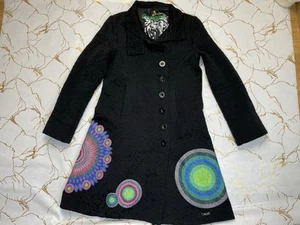 Desigual Women Black Paisley Geometric Button Up Coat Size 44 Embroidered Back - Picture 1 of 7