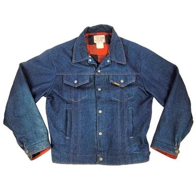 Vintage Saddle King Western Jacket Size 42 Reg Denim Red Buffalo Plaid Lined USA - Image 1 of 4