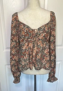 Blu Pepper Boho Peasant Floral Blouse Sweetheart Neckline Balloon Sleeves Large - Picture 1 of 10