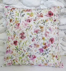 Cushion Cover, 16", Floral, Seersucker Cotton, White, Pink, Green, Blue, Yellow. - Picture 1 of 11