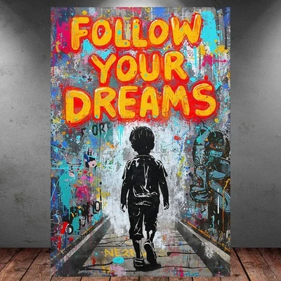 LEINWAND BILD ER XXL ABSTRAKT BANKSY KID FOLLOW YOUR DREAMS GRAFFITI WAND POSTER - Bild 1 von 4
