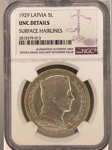 1929 LATVIA 5L NGC-UNC DETAILS - Picture 1 of 4