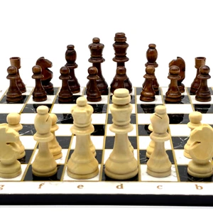 Black White Marble Patterned Wooden Chess Board and Wooden Classic Chess Pieces - Picture 1 of 11