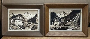 Vintage 3D Wood Carved Relief Lot 2 Wall Hangings Snow Mountain Chateau France - Picture 1 of 16
