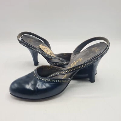 Vintage Retro Herbert Levine Blue Leather Slingback Heels Size 8A Narrow - Image 1 of 4