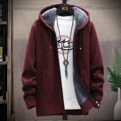 Mens Alpaca Wool Knitted Jacket Hooded Hood Sweater Casual Warm Coat Sweatshirt - Image 1 of 4