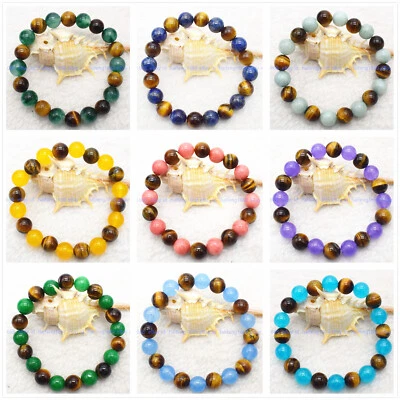 Natürlich 6-12mm Gelb Tigerauge &Mehrfarbig Edelstein Rund Perlen Armband 19cm - Bild 1 von 4