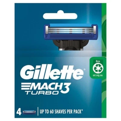 Gillette Mach 3 Turbo Replacement Razor Blades 4 Pack 60 Shaves  FREE POST - image 1 of 4