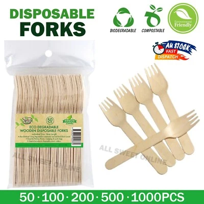 Disposable Wooden Cutlery Wood Forks Eco friendly Compostable Wedding Party AU - image 1 of 4