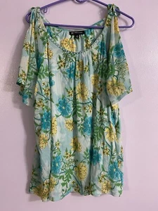 Women’s INC Blue and Yellow Floral Spring Magnolia Open Shoulder Top Size 3X - Picture 1 of 3