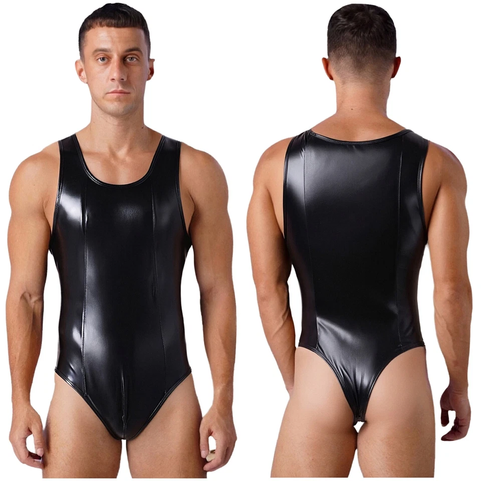 YIZYIF Herren Wetlook Lackleder Bodysuit Ärmellos Jumpsuit Clubwear Overall Catsuit