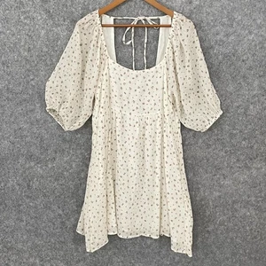 En Creme Ditsy Floral Peasant Puff Sleeve Mini Dress Size L Smocked Tie Back - Picture 1 of 7