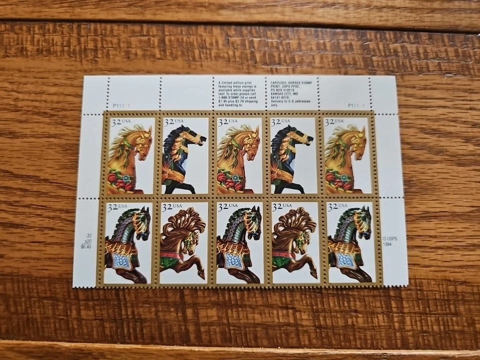U.S. Scott #2976-79 Carousel Horses 32 Cent Plateblock Strip Of 10 MNH Stamps - Image 1 of 1
