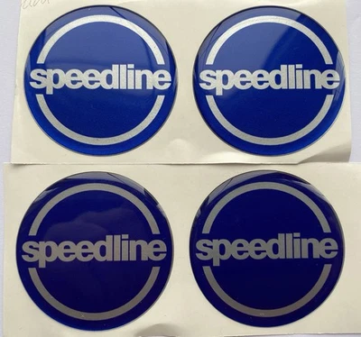 SPEEDLINE ALLOY WHEEL CENTRE CAP DOMED STICKERS X4 HUB SUB BLUE SILVER ALL SIZES - Image 1 of 3