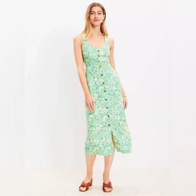 Новый с Ярлыками LOFT Midi цветочный Bloom сарафан платье кроссовер назад в зеленый размер 12 миниатюрный - Изображение 1 из 4