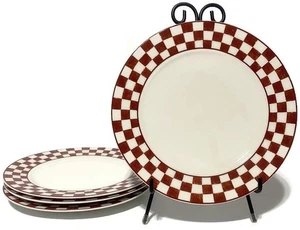 Home Trends Farm Fresh Dinner Plate 10 1/2" Red and White Checkered Set of 4 - Picture 1 of 6