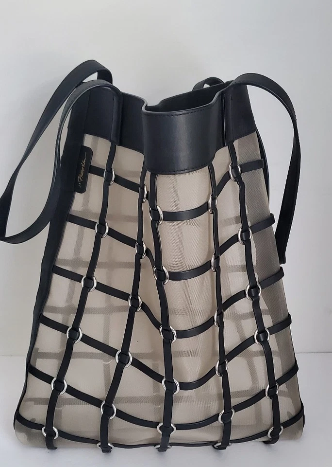 Bolso de Mano 3.1 Phillip Lim Billie Twisted Cage Malla Plateada Borde de Cuero Negro 16 pulgadas Foto 1 de 4