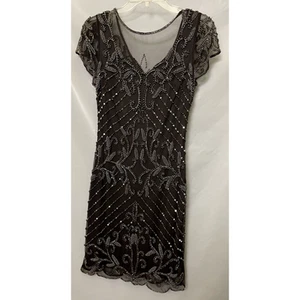 Pisarro Nights Beaded and Sequined Evening Cocktail V Neck Mesh Dress Size 8 - Picture 1 of 7