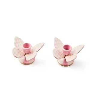 MacKenzie Childs BUTTERFLY CANDLE HOLDER ROSY CHECK PINK SET OF 2 BRAND NEW - Picture 1 of 2