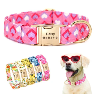 Floral Nylon Personalized Dog Collar Custom Gold Pet ID Name Plate Engraved Free - Image 1 of 4