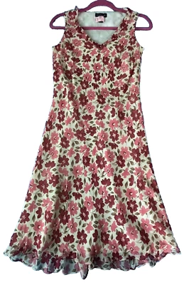 Ann Taylor Size 2 Ivory Pink Floral 100% Silk Sleeveless Dress Ruffles Feminine - Image 1 of 4