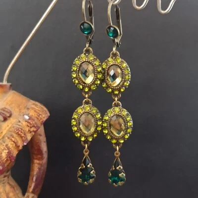 Michal Negrin Earrings Olive Green Sparkly Crystal Long Runway Victorian Revival - Image 1 of 4