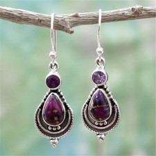 Vintage Women Lady Amethyst GEMSTONE Wedding Engagement Earrings Silver Jewelry
