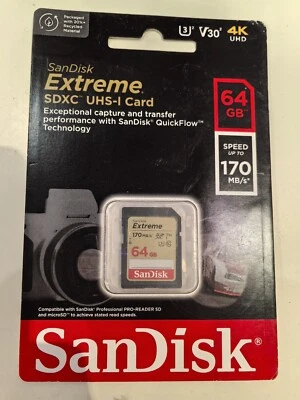 SanDisk Extreme SDXC 64GB 170MB/s GENUINE Guaranteed SD Memory Card FREE POSTAGE - image 1 of 2
