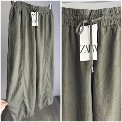 NEU MIT ETIKETT ZARA KNICKERBOCKER-HOSE MIT FASSBEIN LEINENMISCHUNG KHAKI GRÜN LARGE - Bild 1 von 3