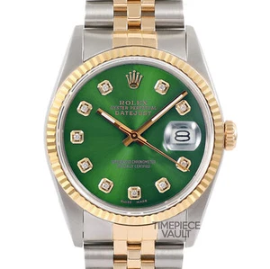 ROLEX DATEJUST 16013 WATCH 18K GOLD & STEEL 36MM GREEN DIAMOND DIAL FLUTED BEZEL - Picture 1 of 10