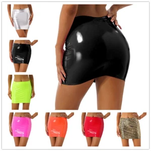 Mujeres Minifalda corta de cuero metálico brillante Sexy ceñido al cuerpo Falda corta Prendas para club nocturno - Imagen 1 de 96