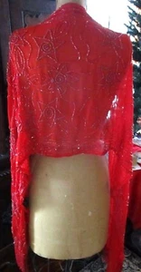 73" BRIGHT RED STAR DESIGN SCARF/WRAP W/RED GLASS SEED BEADS~TAN-CHHO/KRISHMA - Picture 1 of 11