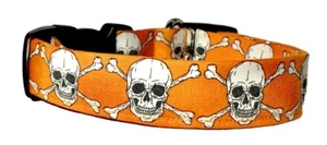 Orange & White Glow In The Dark Skulls HANDMADE Dog Collar NOT LED/ELECTRONIC - Picture 1 of 3