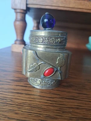 CHINESE VINTAGE BRASS & GLASS TEA CADDY & CLOISONNE LID - Image 1 of 4