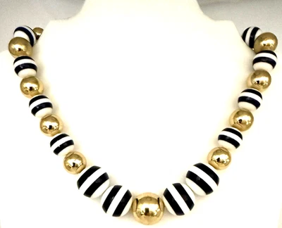 Talbots 17" Chunky Navy & White Striped Gold Tone Glass Beaded Necklace - Image 1 of 4