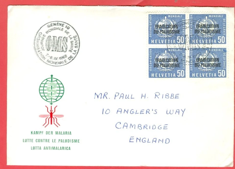 Malaria Mosquito Switzerland Overprinted Block of 4 on FDC Cover to UK - Image 1 of 1