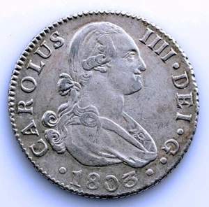 Sc-Spain-Carlos IV 2 Reales 1803. Sevilla EBC XF Silver 0.2oz Shine Ori - Picture 1 of 2