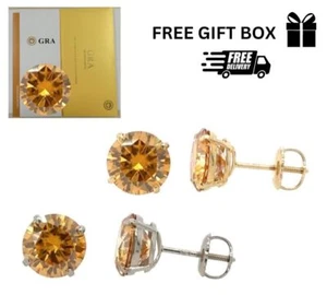 14K Gold GRA Certified D-VVS1 Round Champagne Moissanite ScrewBack StudsEarrings - Picture 1 of 6
