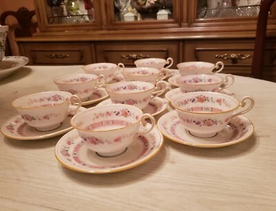 1920s Royal Doulton Pink Flower Set Of 10 Tea Cups And Saucers - image 1 of 4