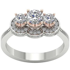 Designer Three Stone Engagement Ring VS F 1.15 Carat Lab Grown Diamond 14K Gold - Picture 1 of 11